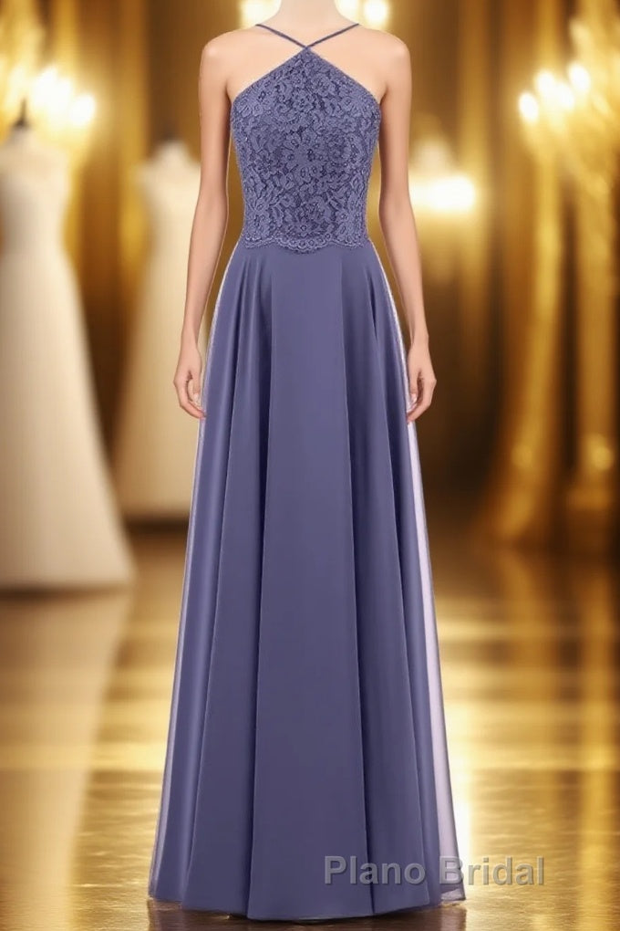 Navy Blue Chiffon Halter Backless A-Line Long Bridesmaid Dresses Main image