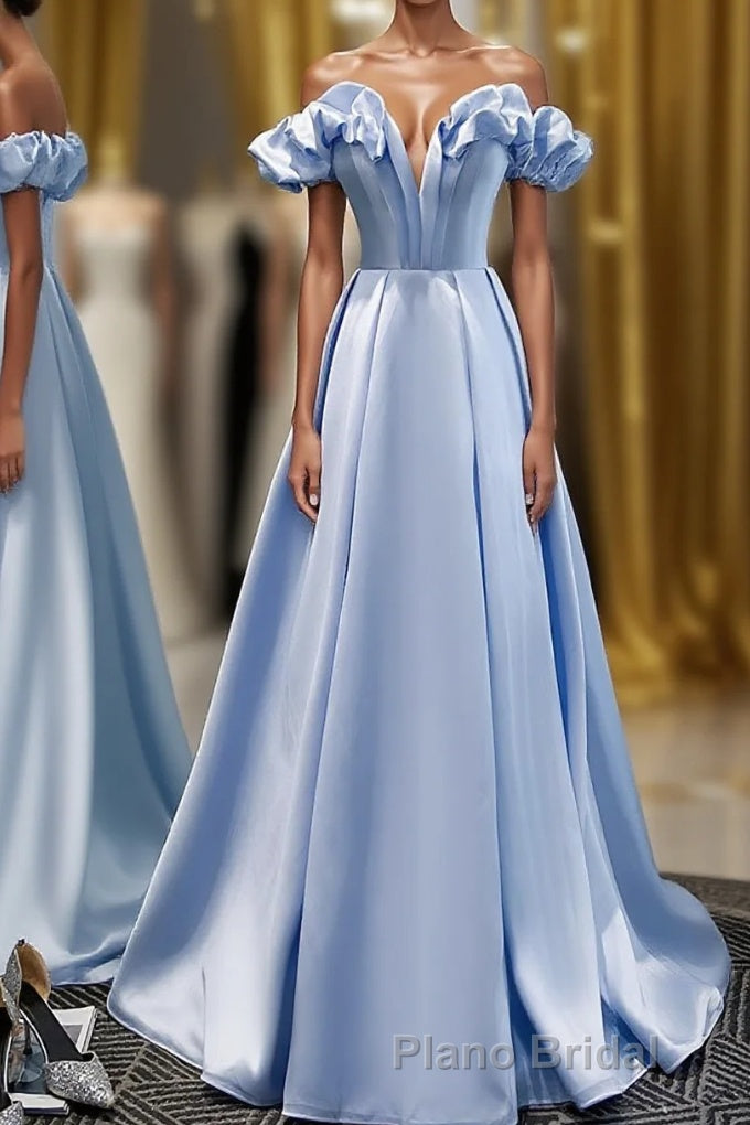 Blue A Line Off Shoulder Long Formal Prom Dresses, Blue Evening Dresses