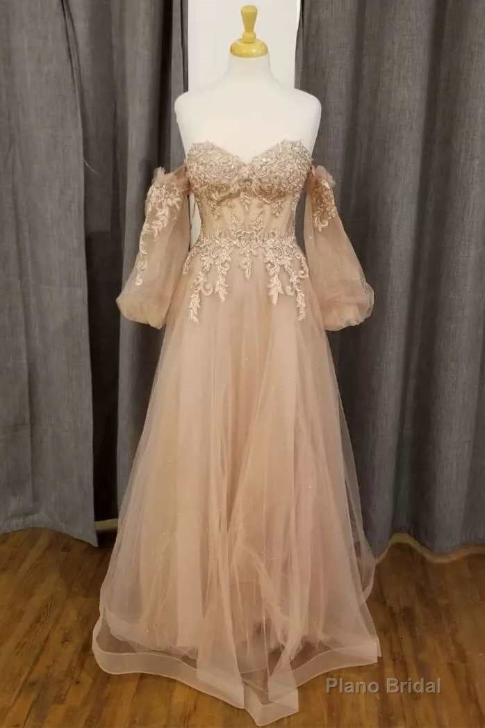 Champagne Tulle Lace Sweetheart A-Line Prom Dress with Puff Sleeves Main image
