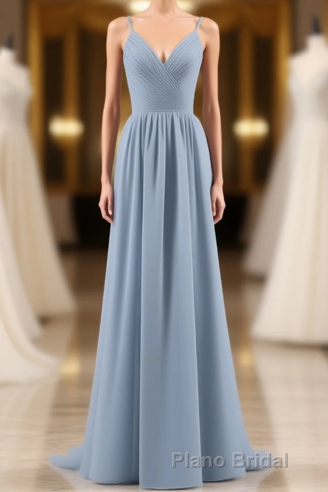 Dusty Blue Chiffon Cutout Back A-Line Long Bridesmaid Dresses Main image