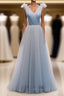 Simple Blue V Neck Tulle Long Formal Prom Dresses, Blue Prom Dresses