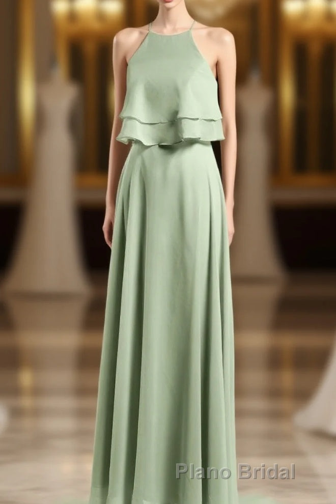 Sage Green Chiffon Halter Ruffle A-Line Long Bridesmaid Dresses Main image