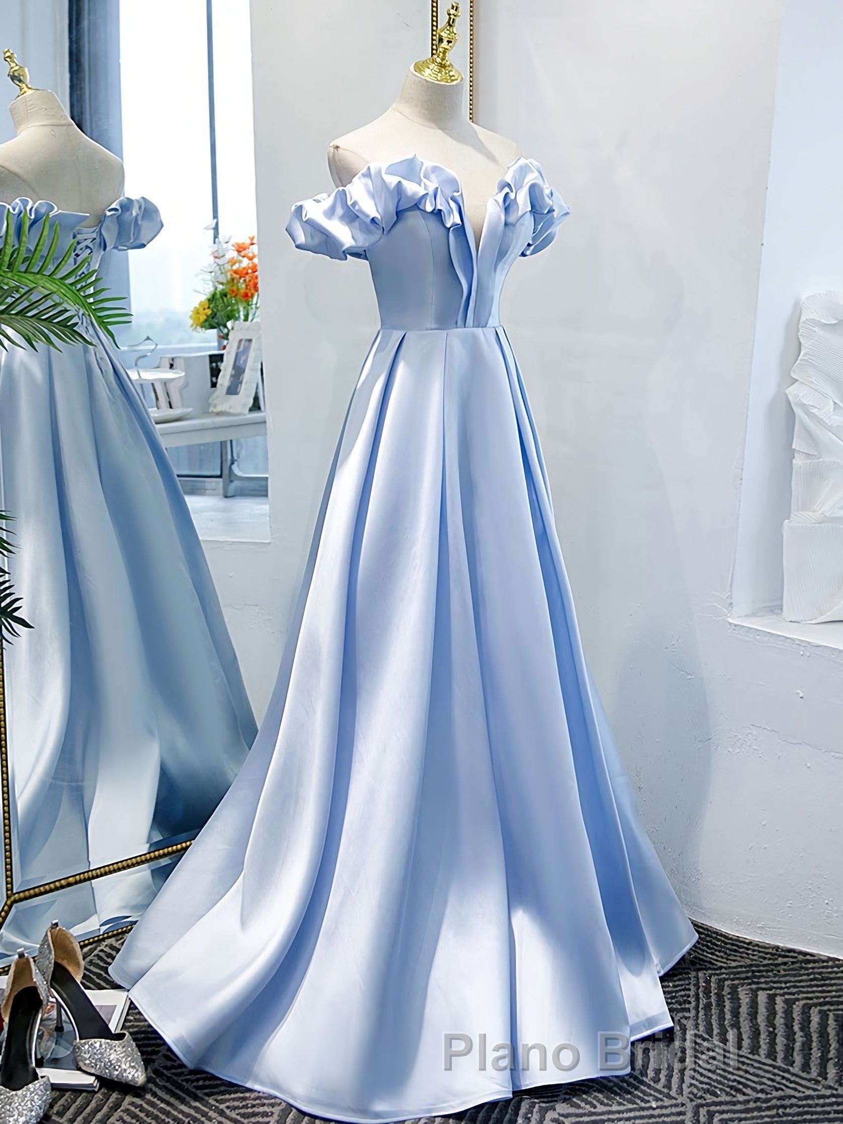 Blue A Line Off Shoulder Long Formal Prom Dresses, Blue Evening Dresses Secondary image