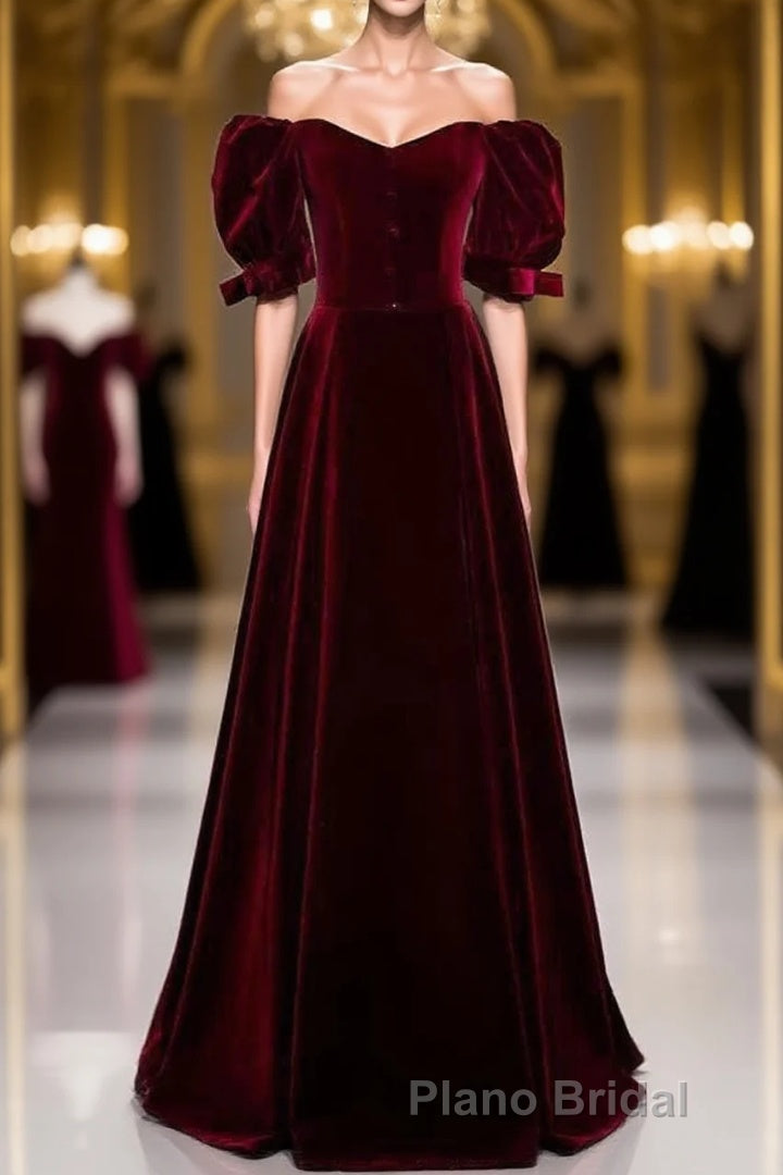 Modest Burgundy Long Formal Prom Dresses with Short Sleeves Vintage Evening Gown Main image