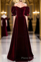 Modest Burgundy Long Formal Prom Dresses with Short Sleeves Vintage Evening Gown