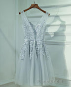 Gray A Line Lace Tulle Short Formal Prom Dresses, Homecoming Dresses