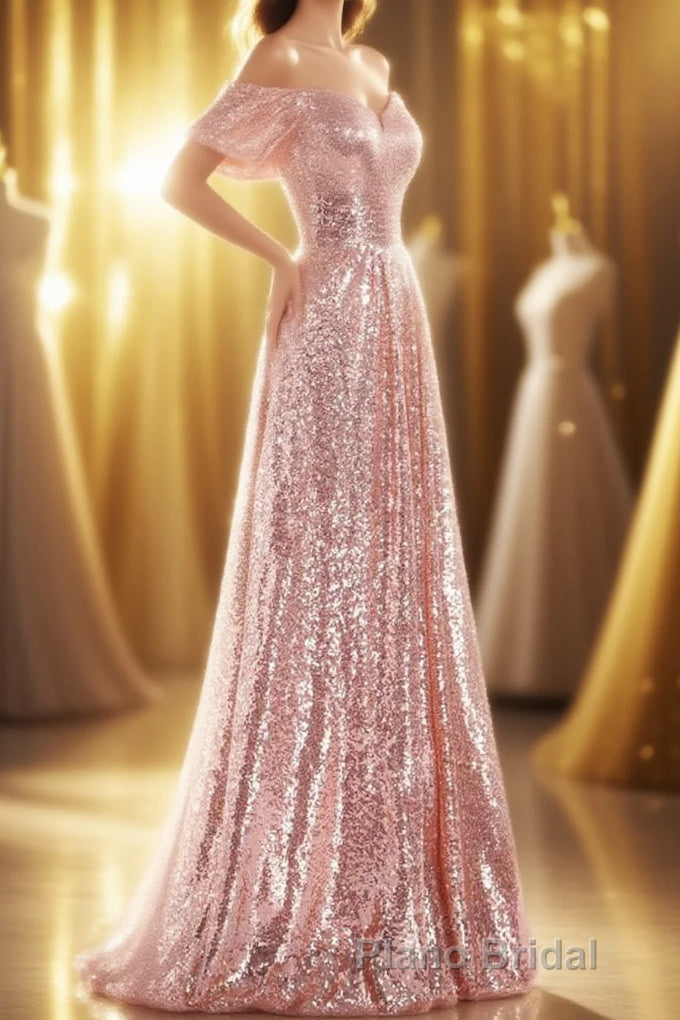 Rose Gold Sequin Off-the-Shoulder A-Line Long Bridesmaid Dresses Main image