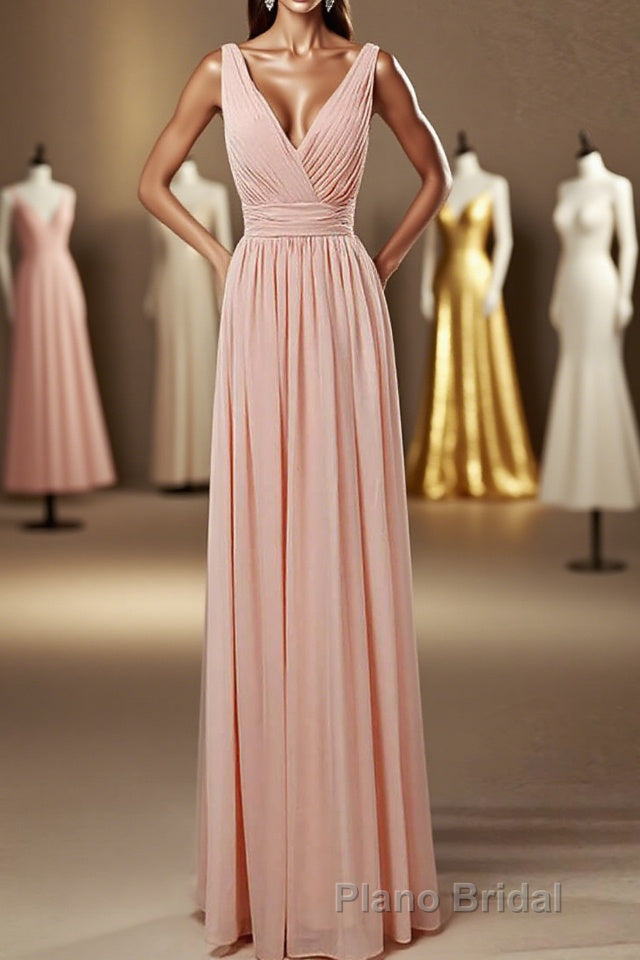 Elegant Plush Pink V-Neck Open Back A-Line Long Bridesmaid Dresses Main image