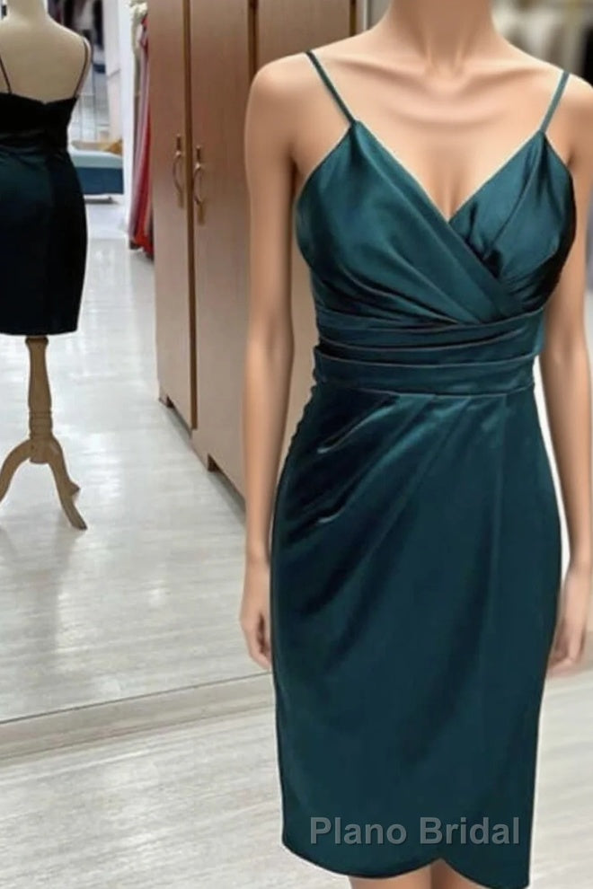 Hunter Green Satin Spaghetti Straps Short Bridesmaid Dresses Main image