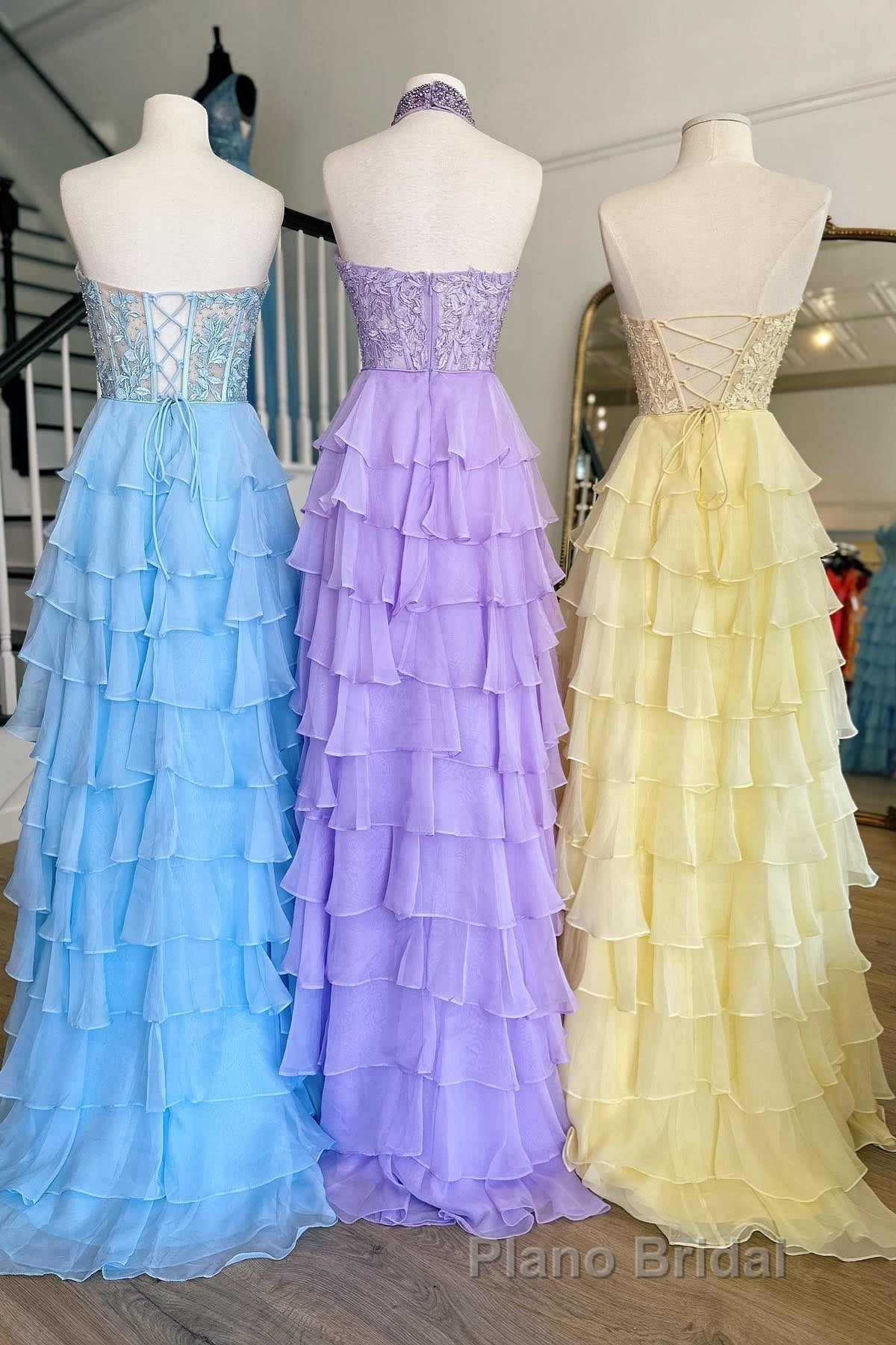 Lavender Illusion Halter Flower Appliques Multi-Layers Long Formal Prom Dresses Secondary image
