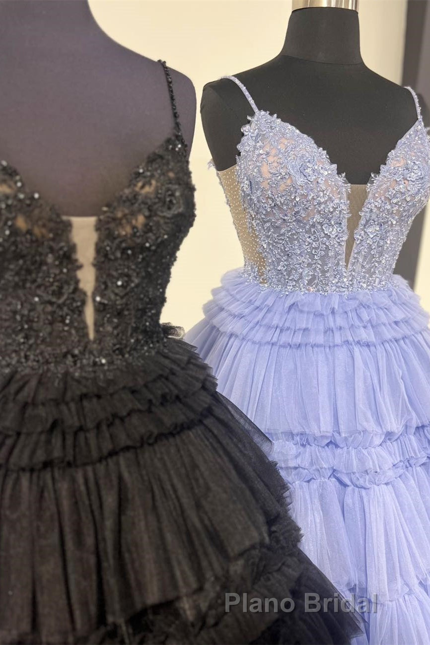 Lilac Floral Layers Spaghetti Straps Lonh Formal Prom Dresses Secondary image