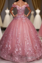 Pink Tulle Lace Off Shoulder Long Formal Prom Dress, Pink Tulle Evening Dress, 1
