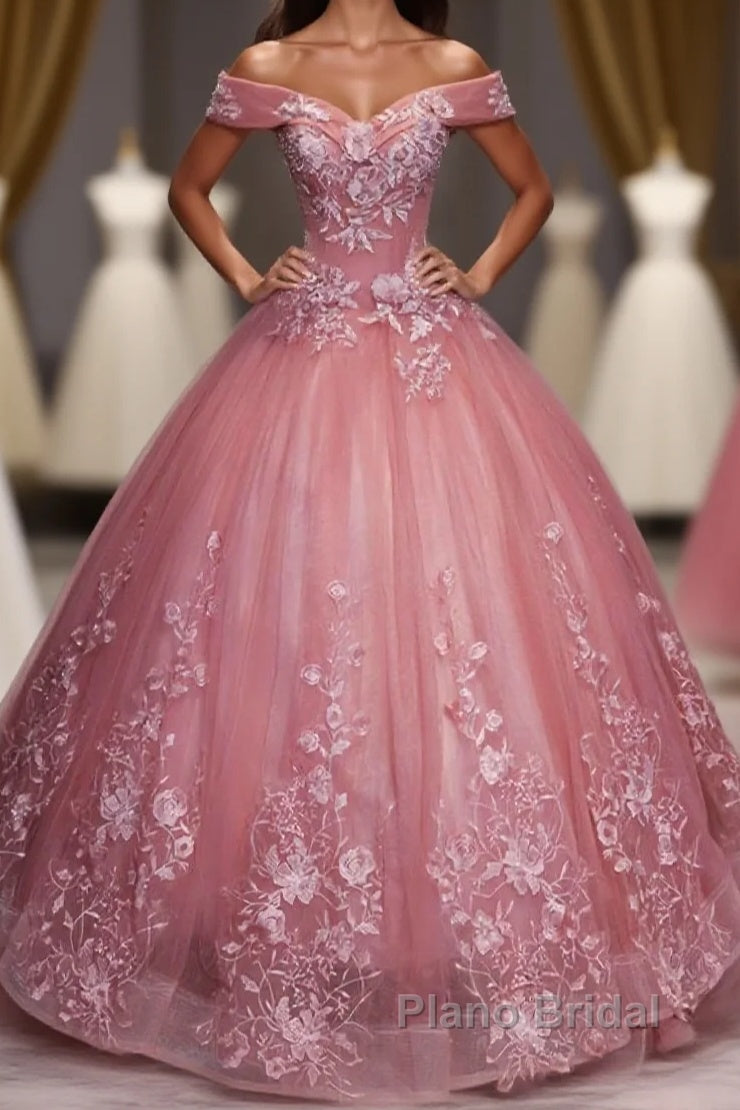 Pink Tulle Lace Off Shoulder Long Formal Prom Dress, Pink Tulle Evening Dress, 1