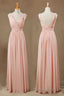 Elegant Plush Pink V-Neck Open Back A-Line Long Bridesmaid Dresses