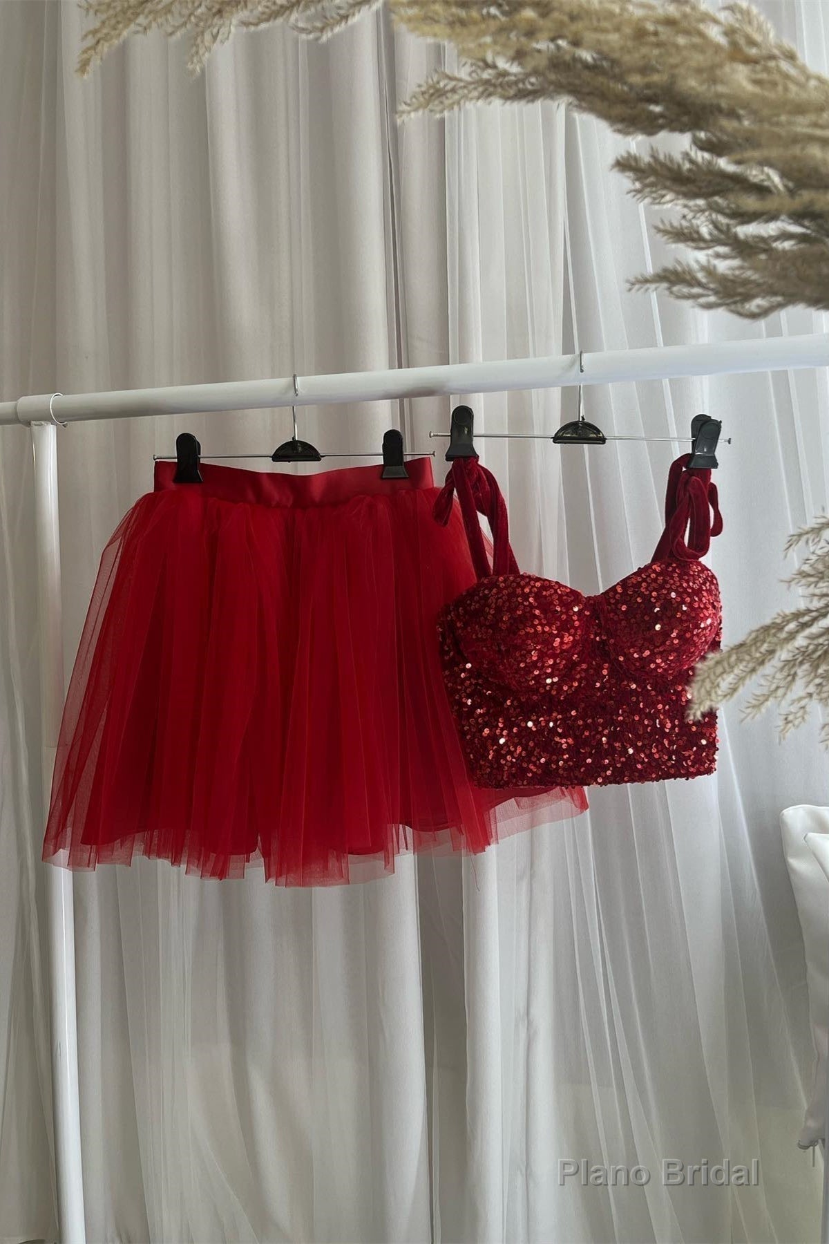 Red Two-Piece Sequins Top Bow Tie Straps A-line Homecoming Dress Secondary image