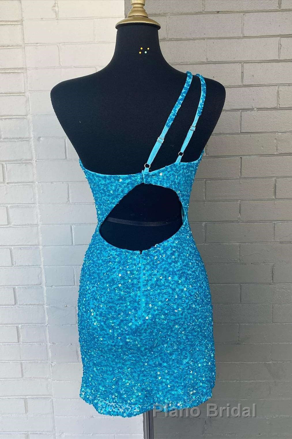 Blue Sequin One-Shoulder Cutout Bodycon Homecoming Dresses