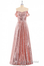 Rose Gold Sequin Off-the-Shoulder A-Line Long Bridesmaid Dresses