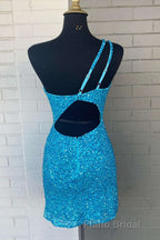 Blue Sequin One-Shoulder Cutout Bodycon Homecoming Dresses