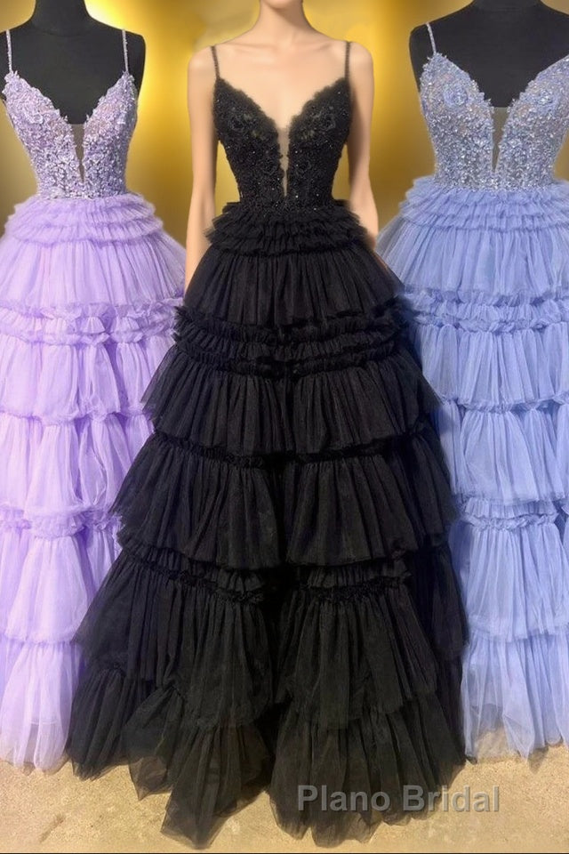 Lilac Floral Layers Spaghetti Straps Lonh Formal Prom Dresses Main image