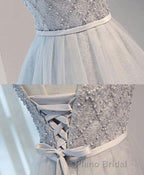 Gray Tulle Beads Short Formal Prom Dresses, Gray Homecoming Dresses