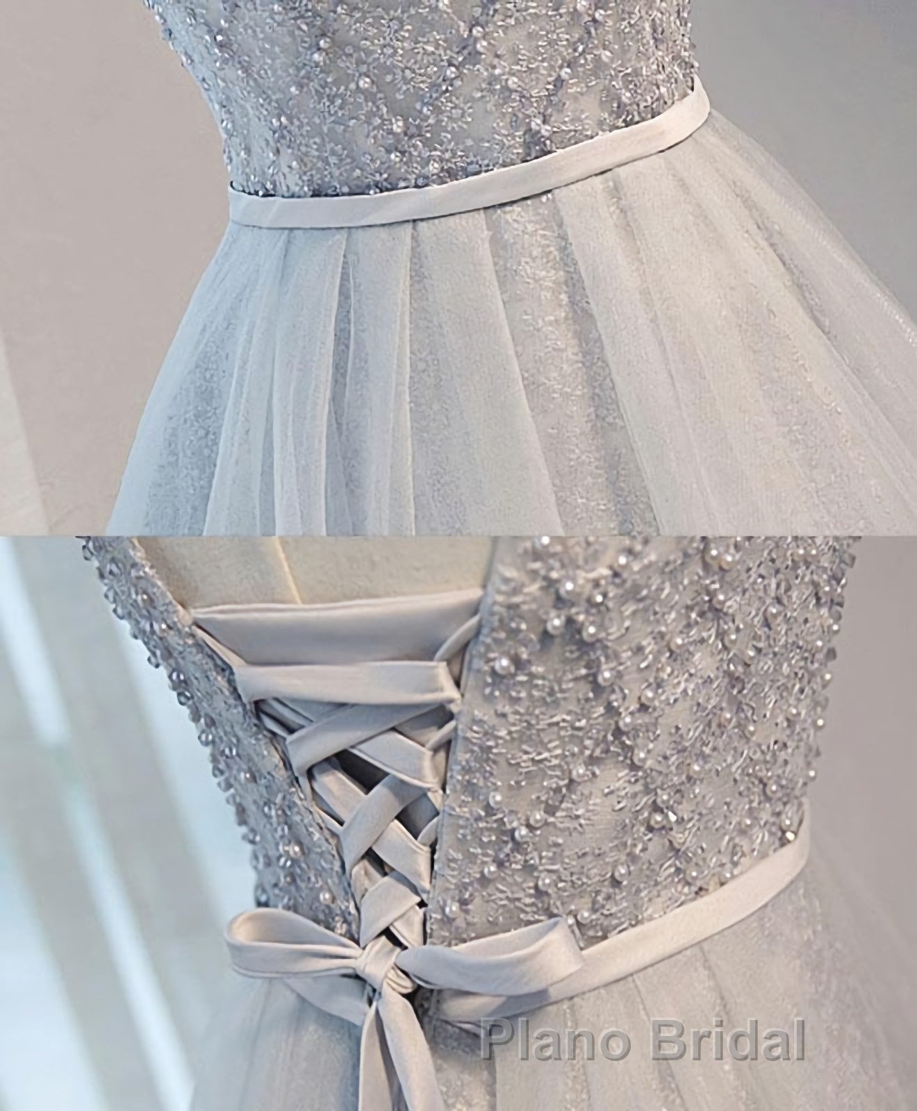 Gray Tulle Beads Short Formal Prom Dresses, Gray Homecoming Dresses