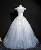 Blue Tulle Lace Off Shoulder Long Formal Prom Dresses, Blue Tulle Lace Evening Dresses