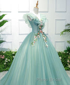 Green V Neck Tulle Long Formal Prom Dresses, Green Evening Dresses