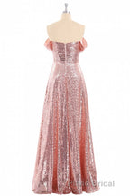 Rose Gold Sequin Off-the-Shoulder A-Line Long Bridesmaid Dresses