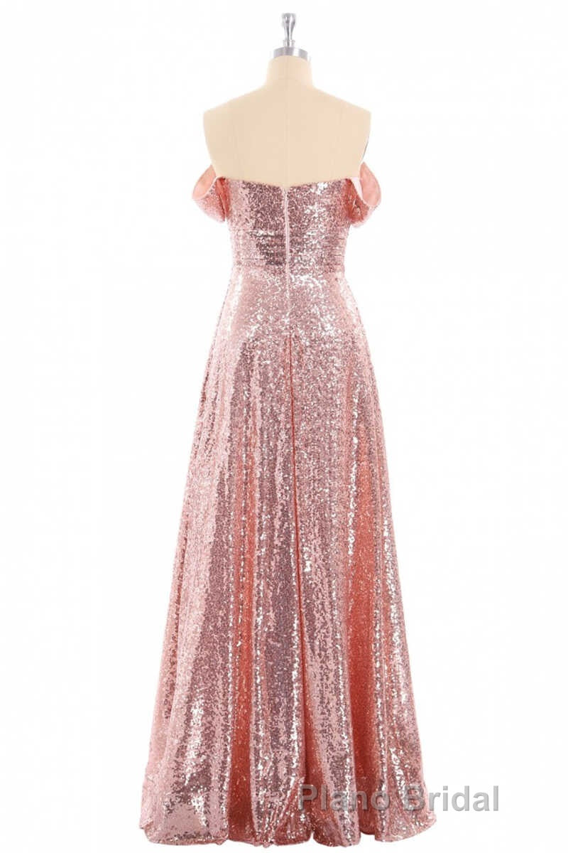 Rose Gold Sequin Off-the-Shoulder A-Line Long Bridesmaid Dresses