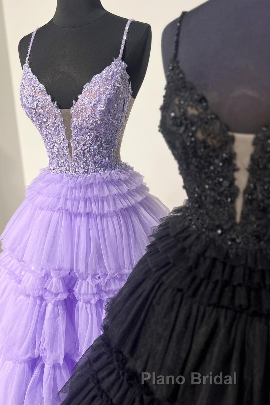 Lilac Floral Layers Spaghetti Straps Lonh Formal Prom Dresses