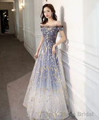 Blue Tulle Off Shoulder Lace Long Prom Dress Tulle Formal Dress