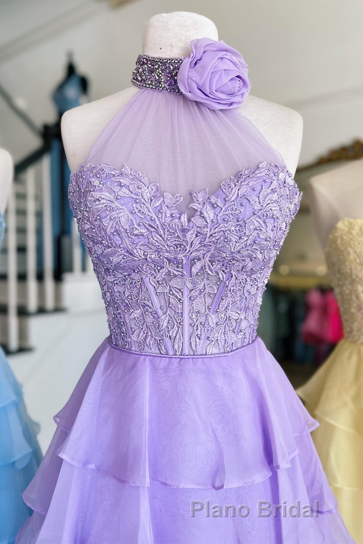 Lavender Illusion Halter Flower Appliques Multi-Layers Long Formal Prom Dresses