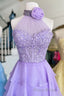 Lavender Illusion Halter Flower Appliques Multi-Layers Long Formal Prom Dresses