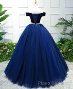 Dark Blue Tulle Off Shoulder Long Formal Prom Dresses, Blue Sweet 16 Dresses