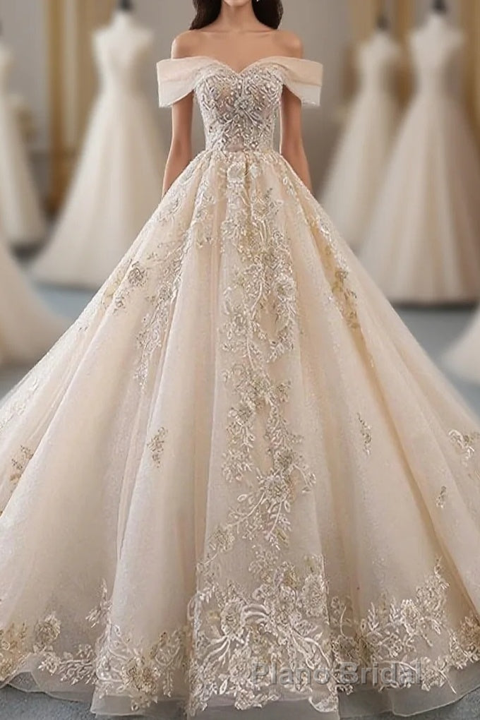 Champagne Off Shoulder Tulle Lace Long Wedding Dresses, Wedding Gown Main image