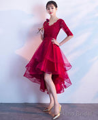 Burgundy V Neck Tulle Lace Short Prom Dress Bridesmaid Dress