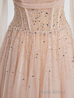 Champagne Pink Tulle Beads Long Formal Prom Dresses, Champagne Evening Dresses