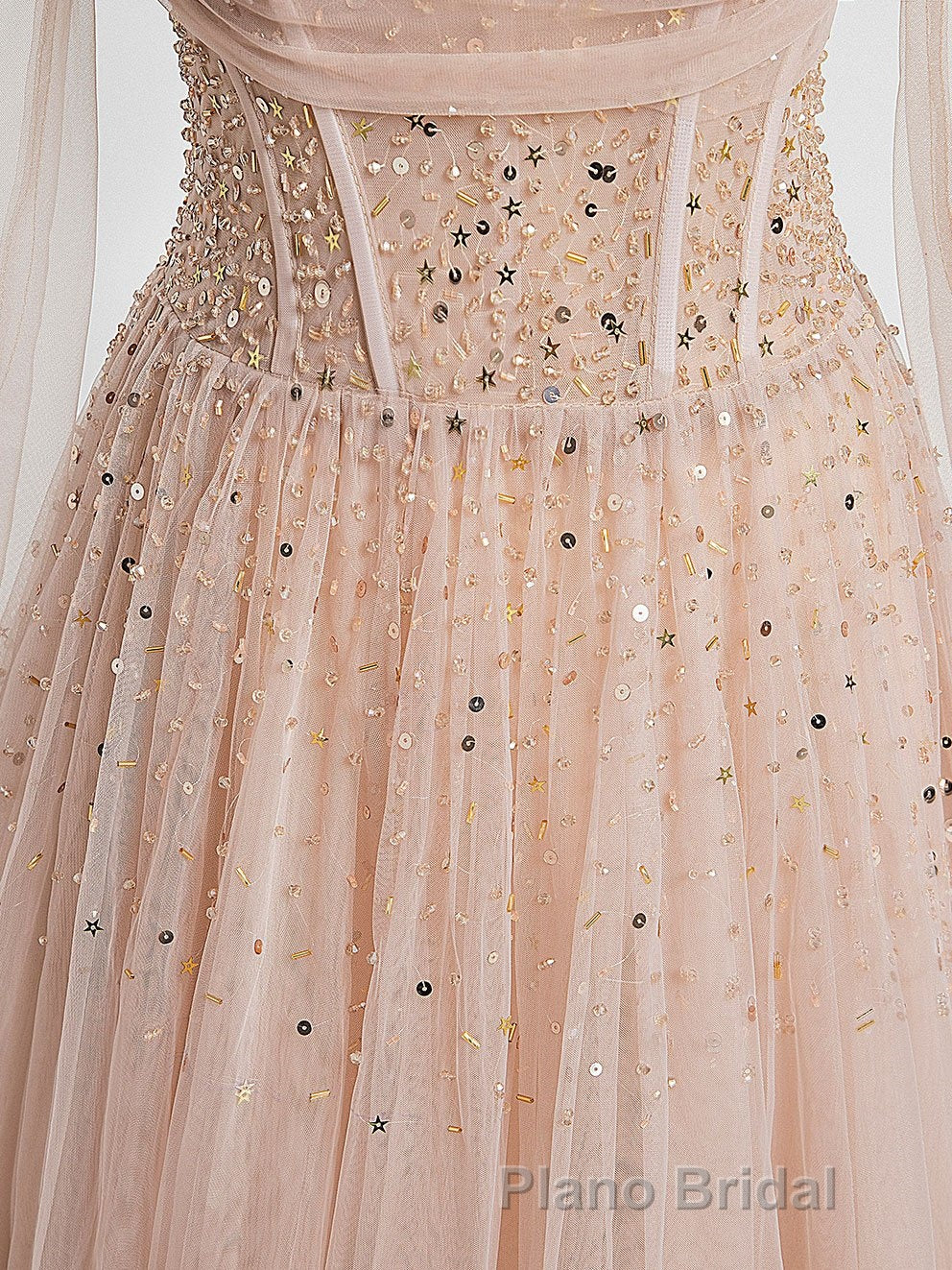 Champagne Pink Tulle Beads Long Formal Prom Dresses, Champagne Evening Dresses