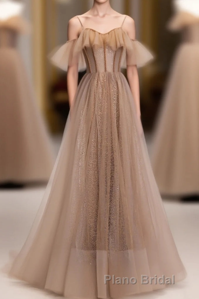Champagne Tulle Sequin Long Formal Prom Dresses, Champagne Evening Dresses