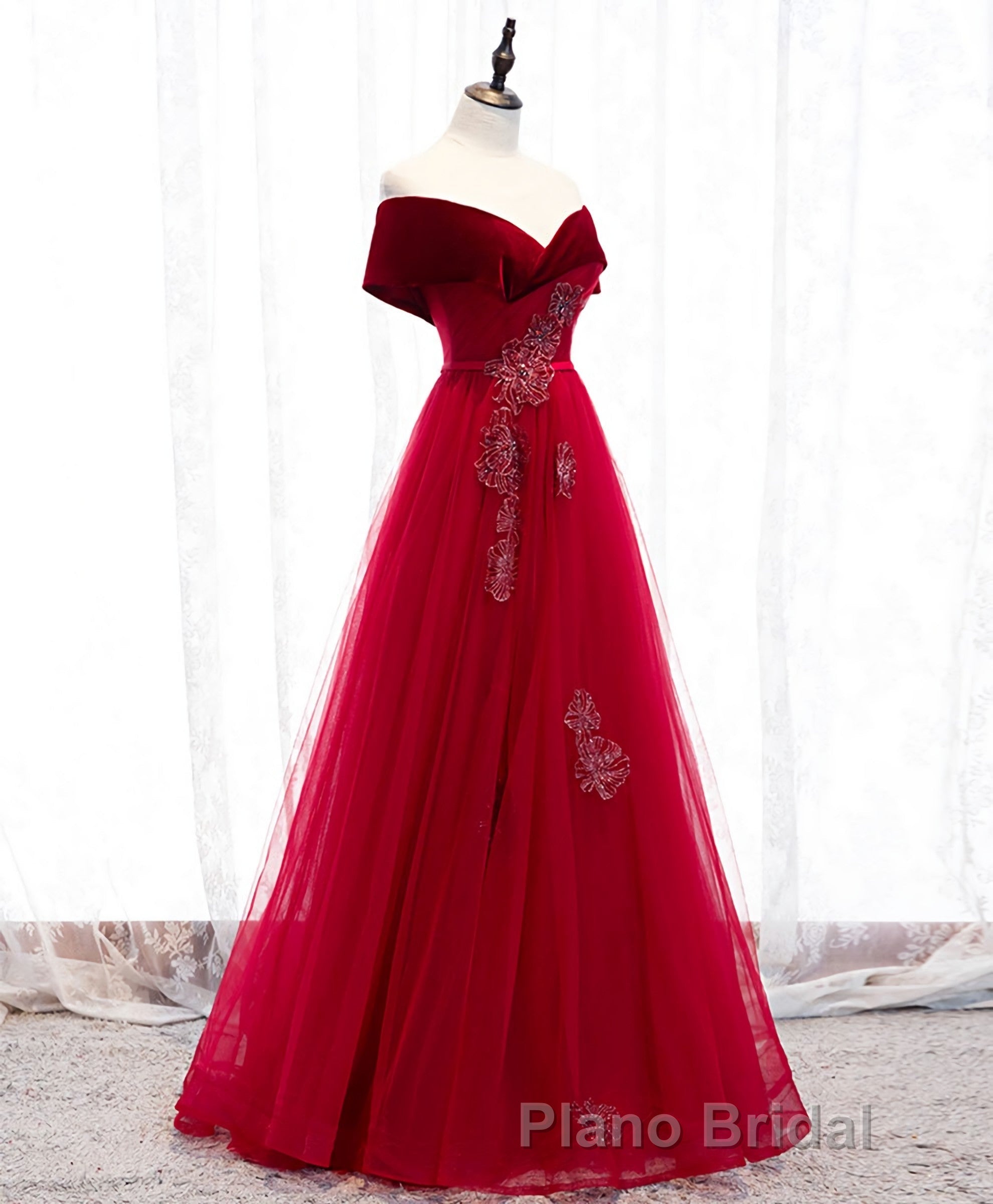 Burgundy Tulle Off Shoulder Long Formal Prom Dresses, Burgundy Prom Dresses