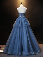 Blue Sweetheart Neck Tulle Long Formal Prom Dresses, Blue Evening Dresses