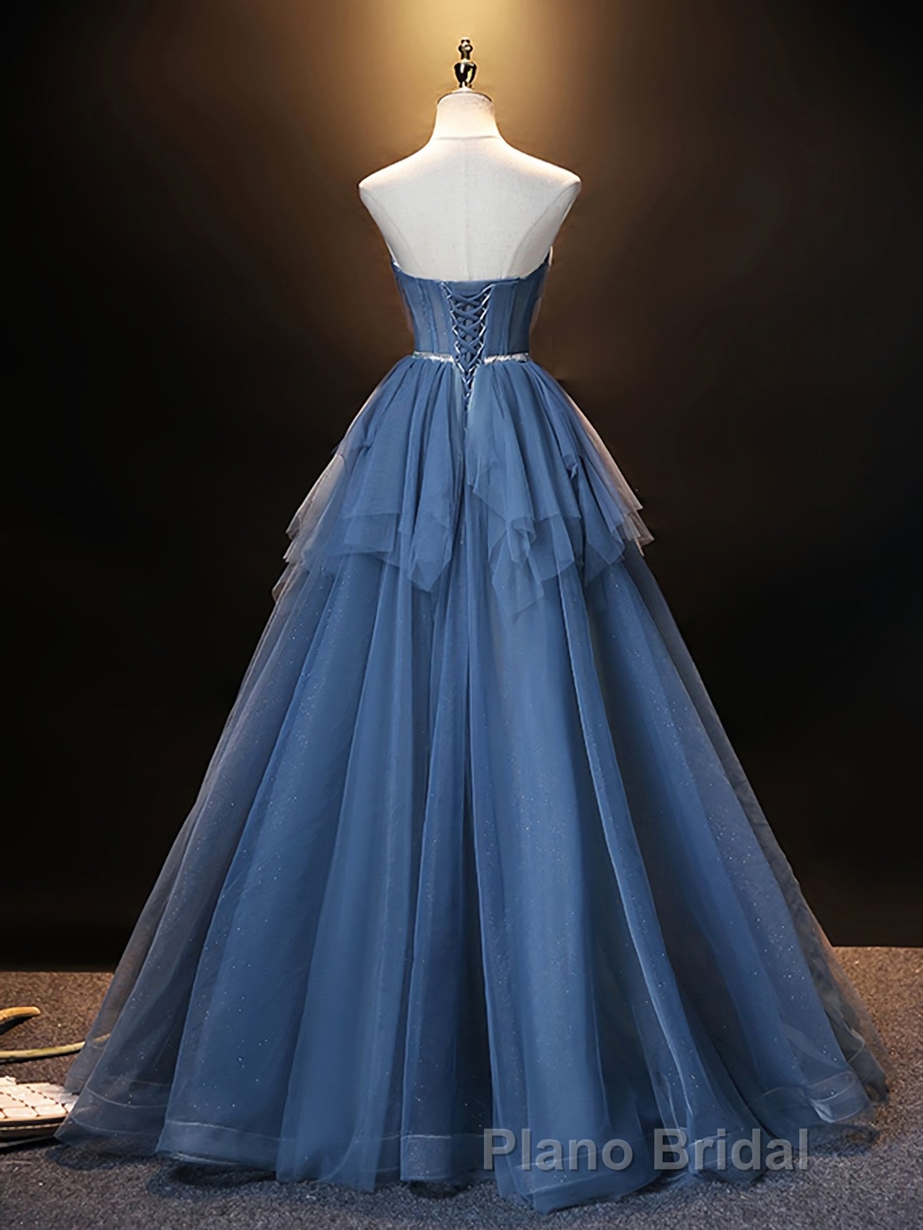 Blue Sweetheart Neck Tulle Long Formal Prom Dresses, Blue Evening Dresses