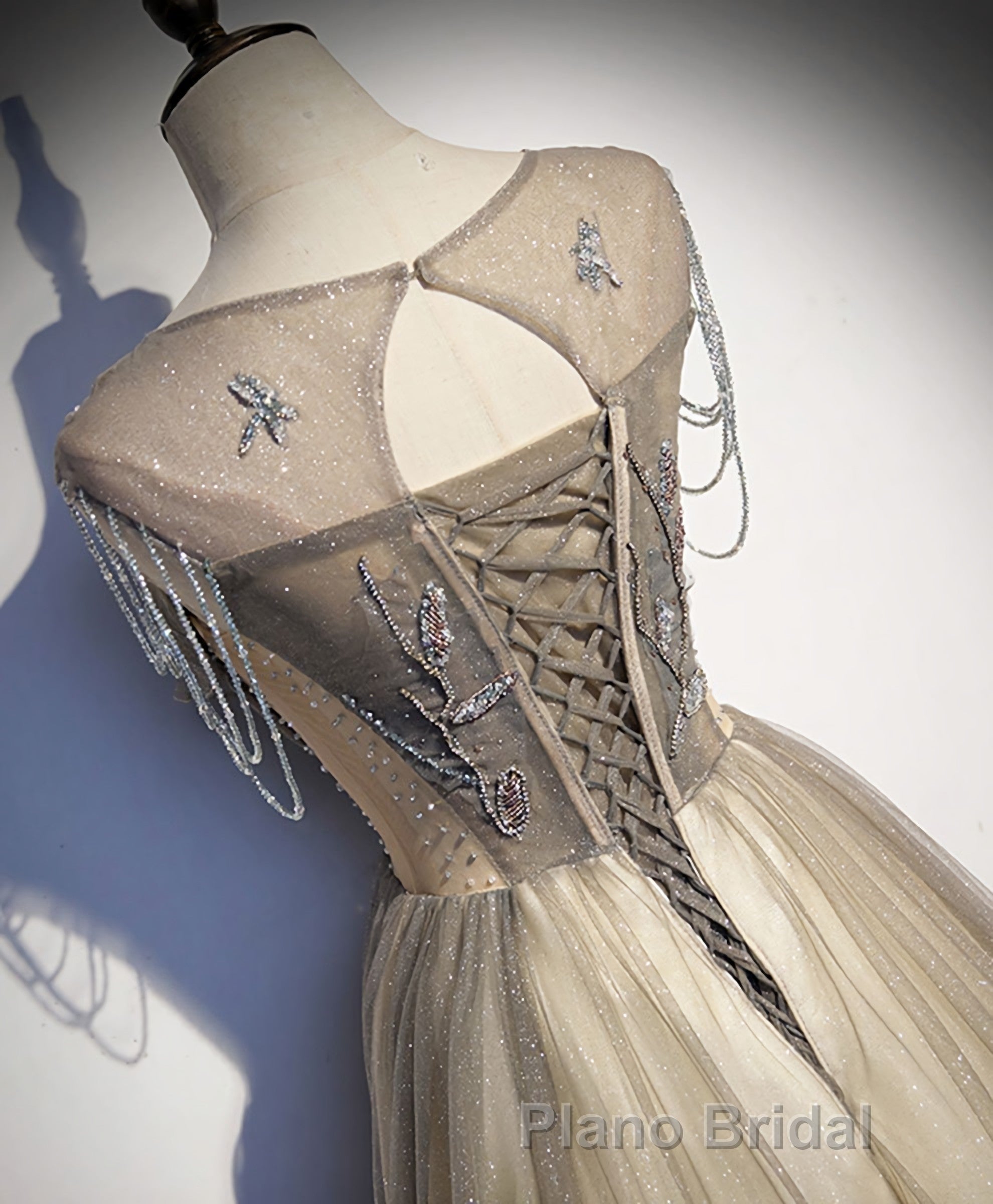 Champagne Round Neck Sequin Long Formal Prom Dresses, Tulle Prom Dresses