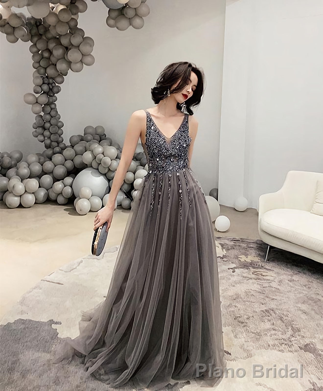 Gray V Neck Tulle Beads Long Prom Dress Gray Tulle Evening Dress Main image