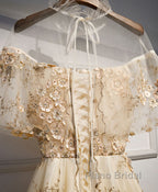 Champagne Tulle Lace Long Formal Prom Dress, Champagne Formal Dress, 1