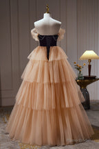 Champagne Off The Shoulder Evening Gown A Line Tulle Long Prom Dresses