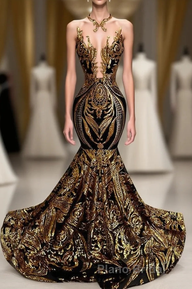 Long Sleeveless Mermaid Formal Prom Dress with Gold Sequins Main image