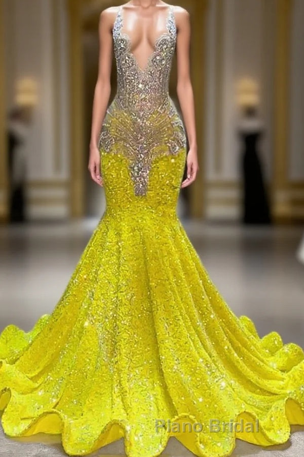 Yellow V-Neck Sleeveless Mermaid Formal Prom Dresses Featuring Beadings and Sequins