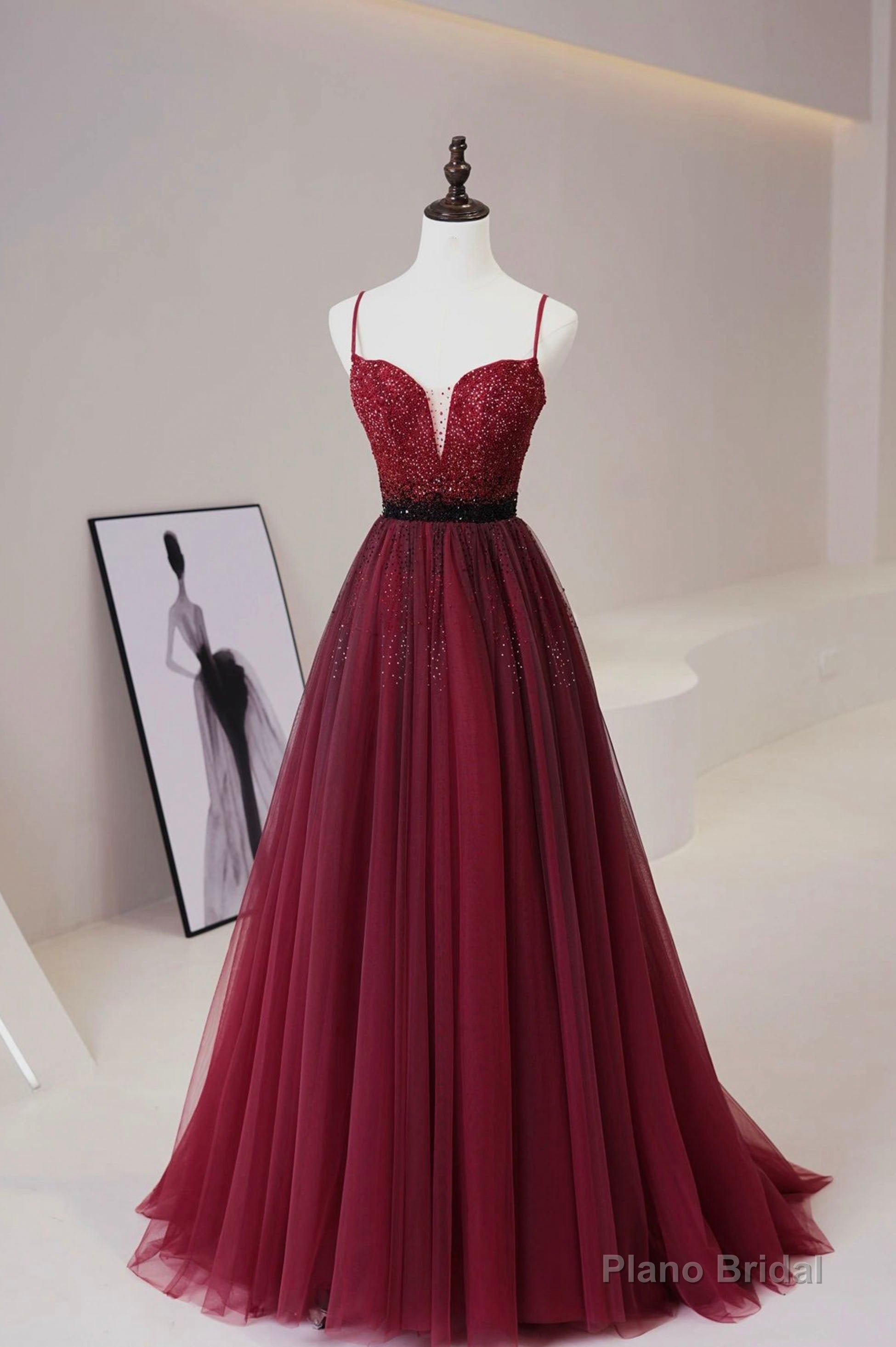 Burgundy Tulle Beaded Long Prom Dress, A-Line Spaghetti Strap Evening Dress Main image