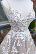 A-Line Tulle Lace Long Prom Dresses, V-Neck Backless Evening Dresses